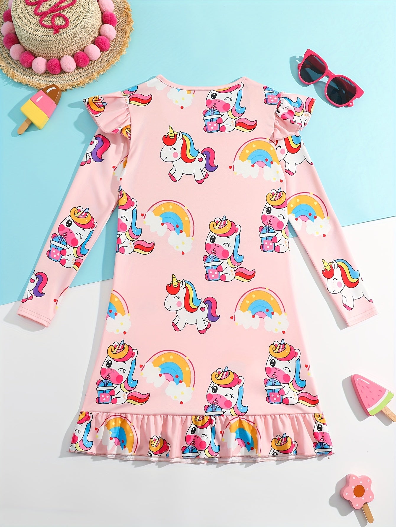 Girls Unicorn Print Flutter Trim Dress Spring Fall Christmas Gift