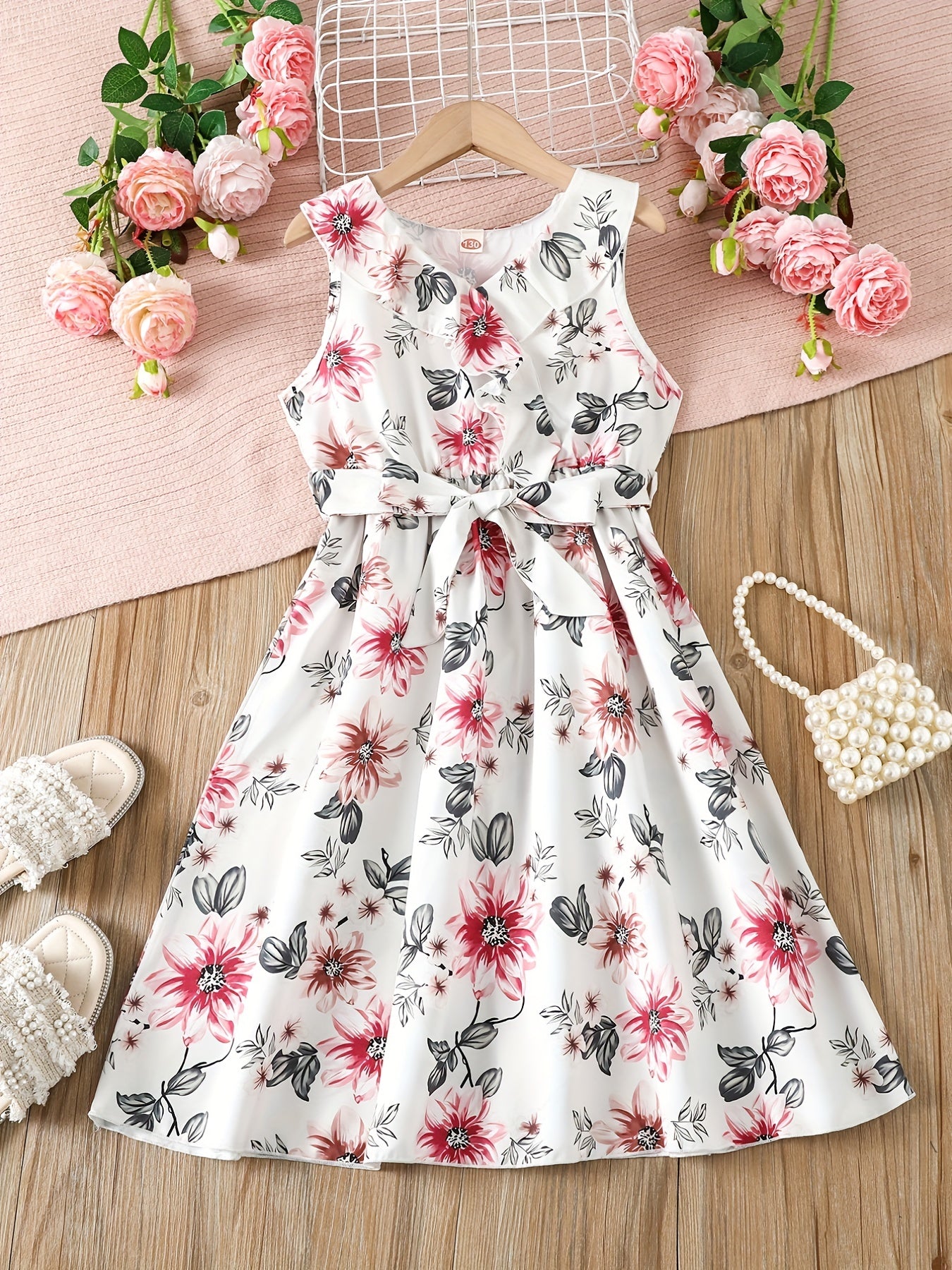 Girls Sleeveless Ruffle Trim Flowers Graphic Belted Princess Dress