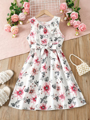 Girls Sleeveless Ruffle Trim Flowers Graphic Belted Princess Dress