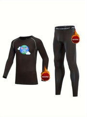 Kids Compression Fleece Sets Cartoon Pattern Crew Neck Pullover & Matching Pants