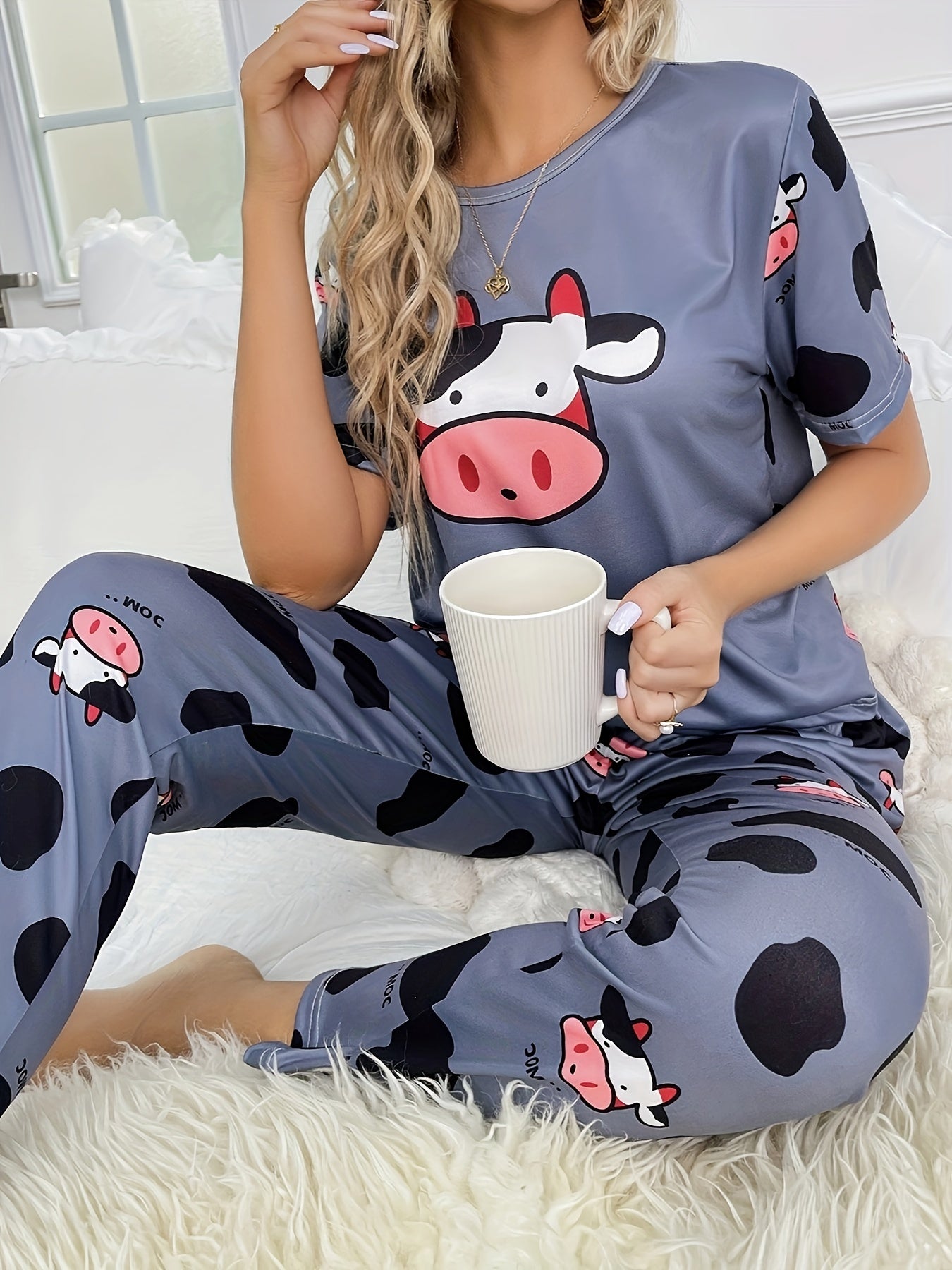 Cow Print Pajama Set Short Sleeve Crew Neck Top & Pants
