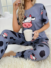 Cow Print Pajama Set Short Sleeve Crew Neck Top & Pants