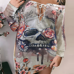 Floral Skull Print Lace Up Off Shoulder Long Sleeve Dress