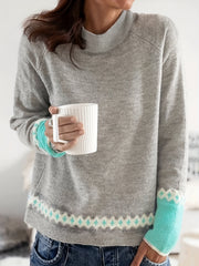 Block Mock Neck Pullover Sweater Casual Long Sleeve Raglan Shoulder