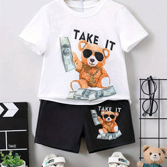 Sunglasses Bear Pattern Boy's 2pcs T shirt & Shorts Set