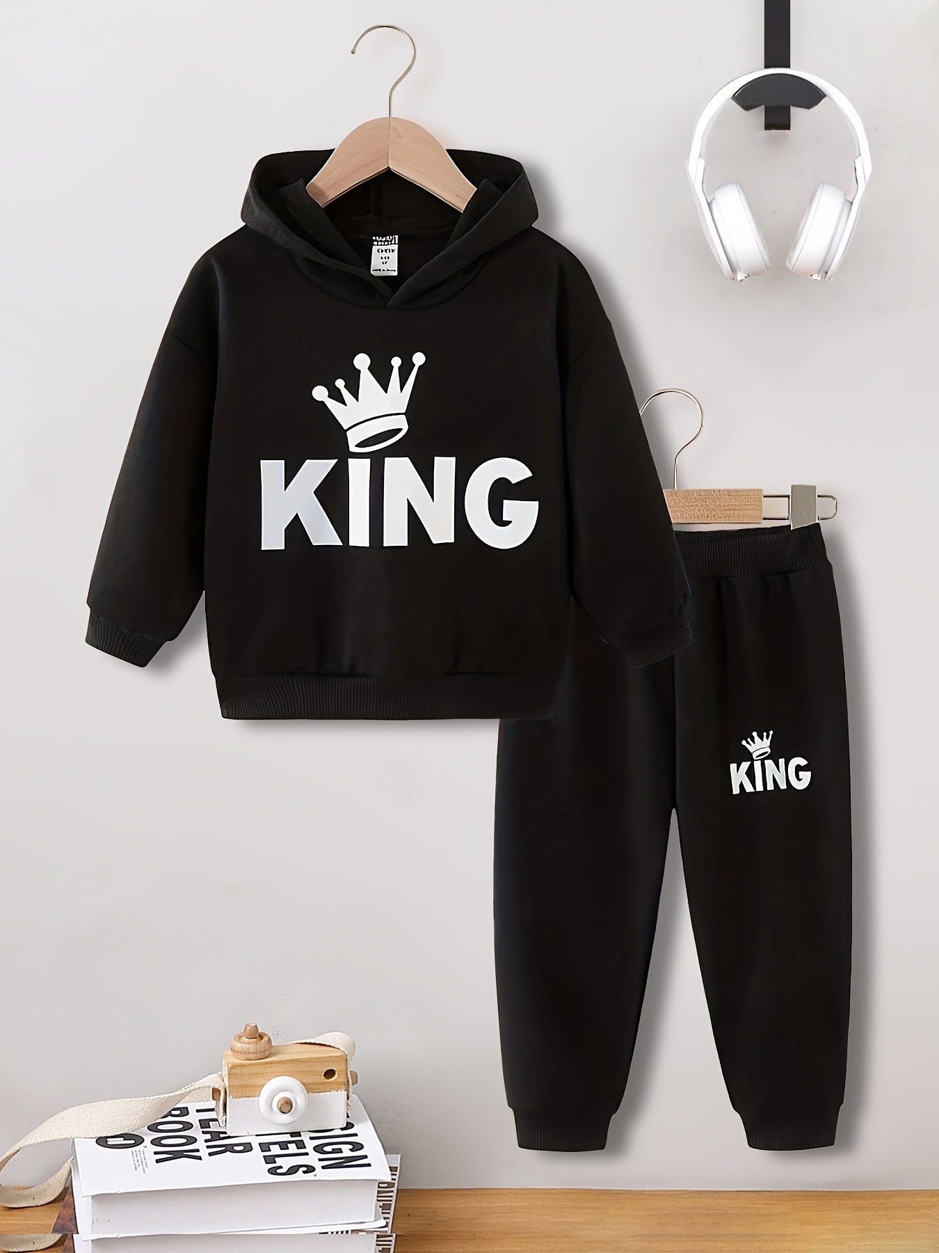 Boys 2pcs KING Print Hoodie & Pants Set Casual Sports Suit