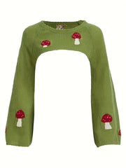 Mushroom Pattern Crew Neck Sweater Casual Long Sleeve Crop Sweater