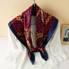 Red Geometric Print Square Scarf Vintage Chain Pattern Satin Shawl
