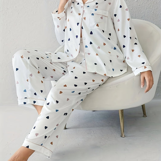 Heart Print Pajama Set Women's 2 Piece Lounge Set