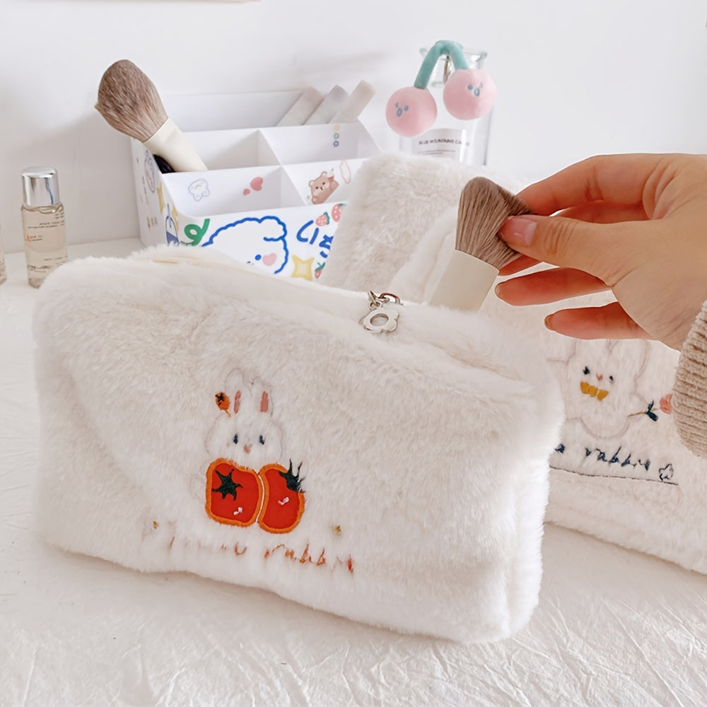 Embroidered Rabbit Cosmetic Bag Soft Plush Travel Makeup Pouch