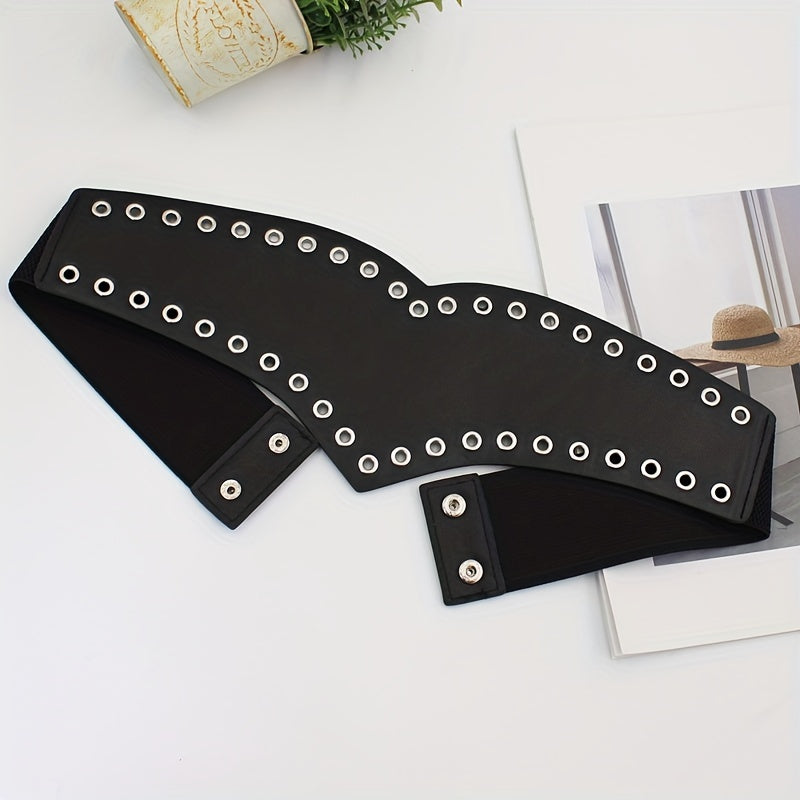 Women Wide Stretch Belt PU Leather Metal Hollow Corset Belt
