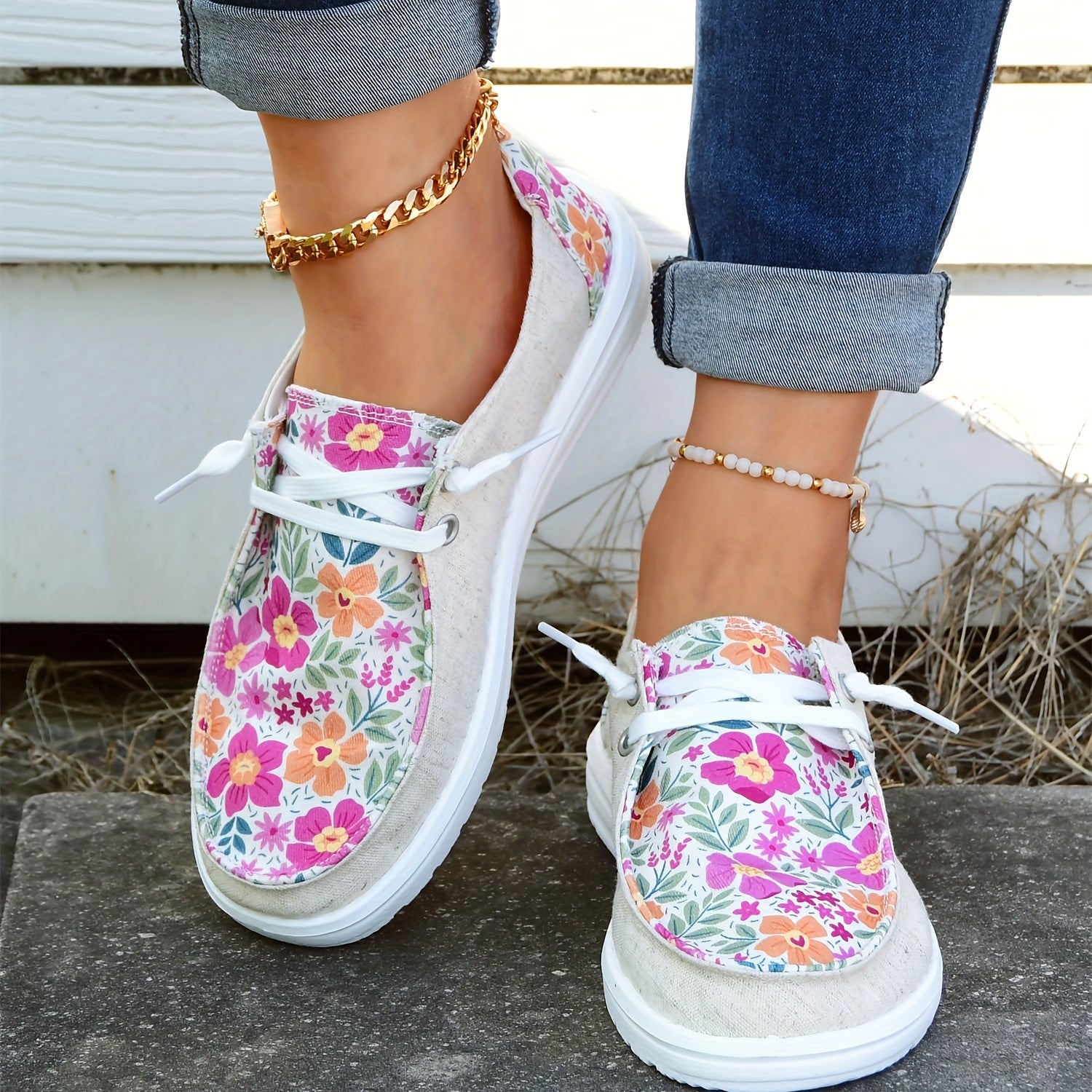 Women's Flower Patchwork Boat Shoes Lace Up Casual Canvas Shoes