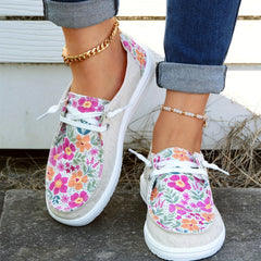 Women's Flower Patchwork Boat Shoes Lace Up Casual Canvas Shoes