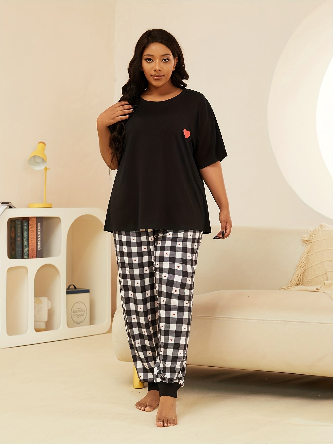 Gingham & Heart Print Nightdress Short Sleeve Round Neck