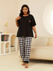 Gingham & Heart Print Nightdress Short Sleeve Round Neck