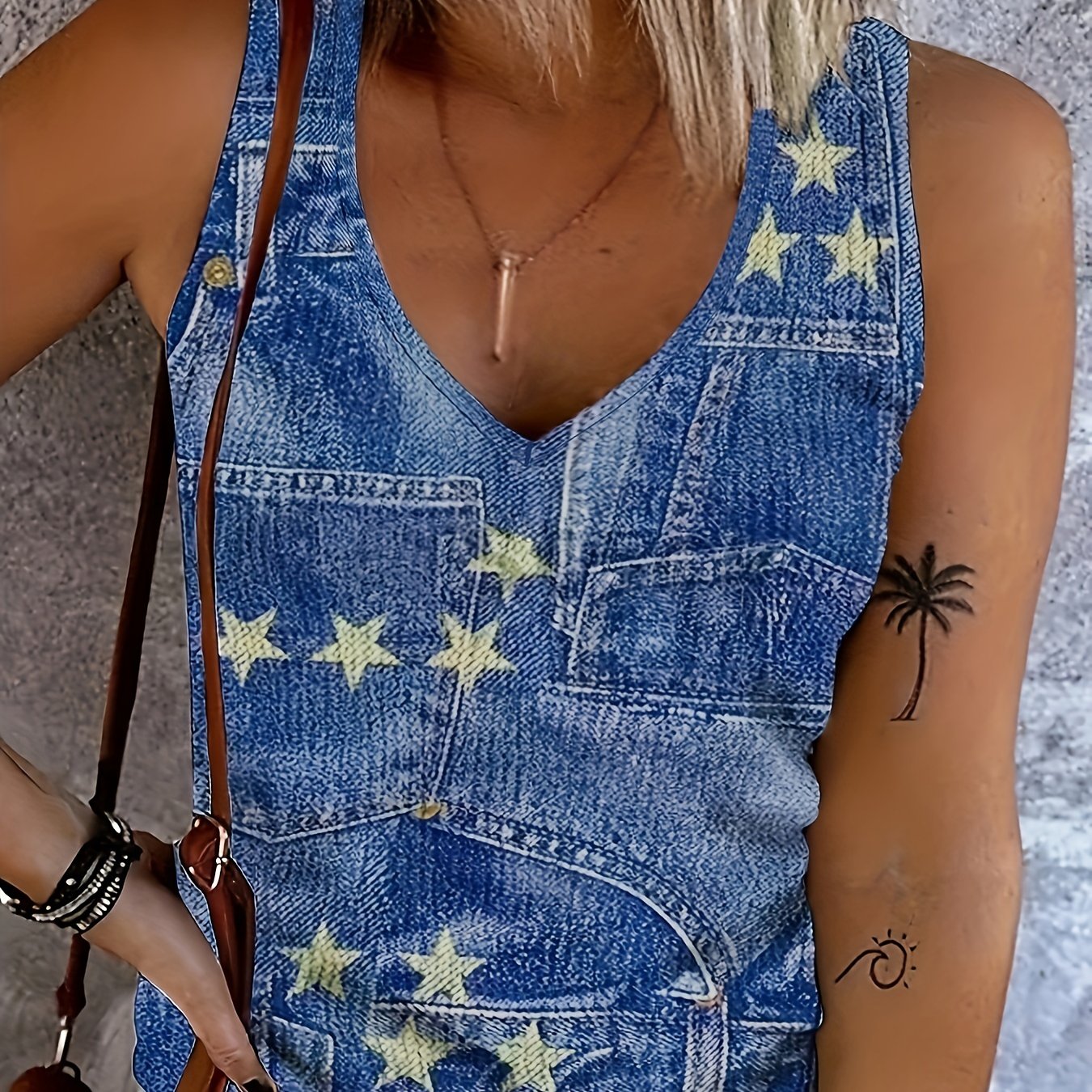 Denim & Star Print Tank Top V Neck Stretch