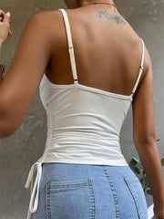 Drawstring Cowl Neck Cami Top Slim Sleeveless Sexy Solid Spaghetti