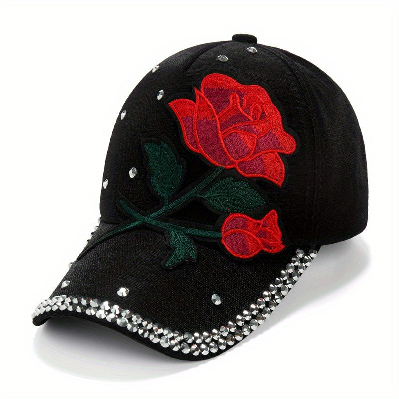 Red Rose Patch Baseball Cap Rhinestone Decor Y2K Sports Hat