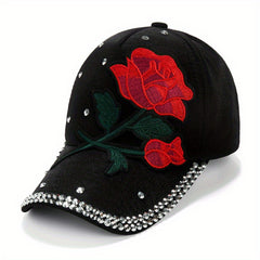 Red Rose Patch Baseball Cap Rhinestone Decor Y2K Sports Hat