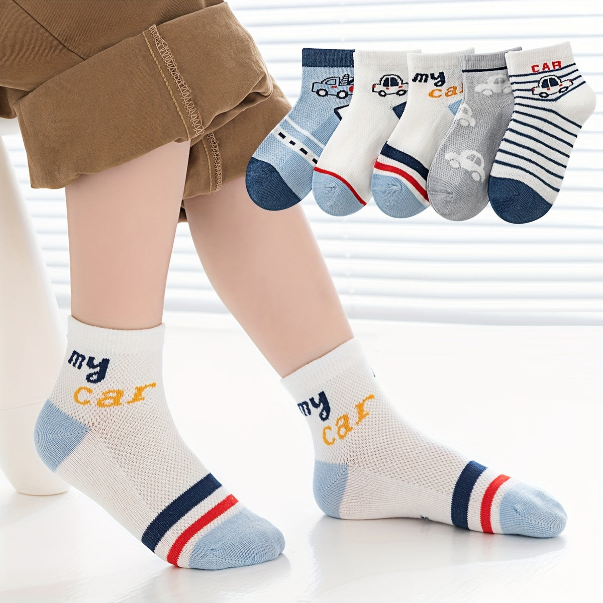 Boys Cartoon Car Striped Bear Smile Face Crew Socks
