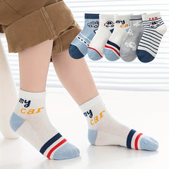 Boys Cartoon Car Striped Bear Smile Face Crew Socks