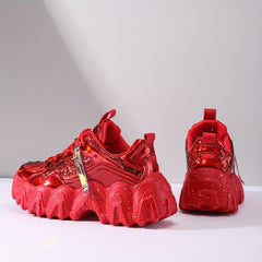 Sequin Glitter Chunky Sneakers Faux Leather Running Shoes