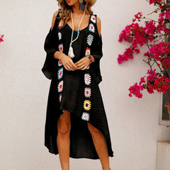 Boho Crochet Cold Shoulder Dress Loose V Neck Beach Holiday Dress
