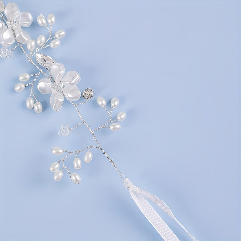 Pearl Bridal Headpiece Crystal Wedding Headband With Ribbon