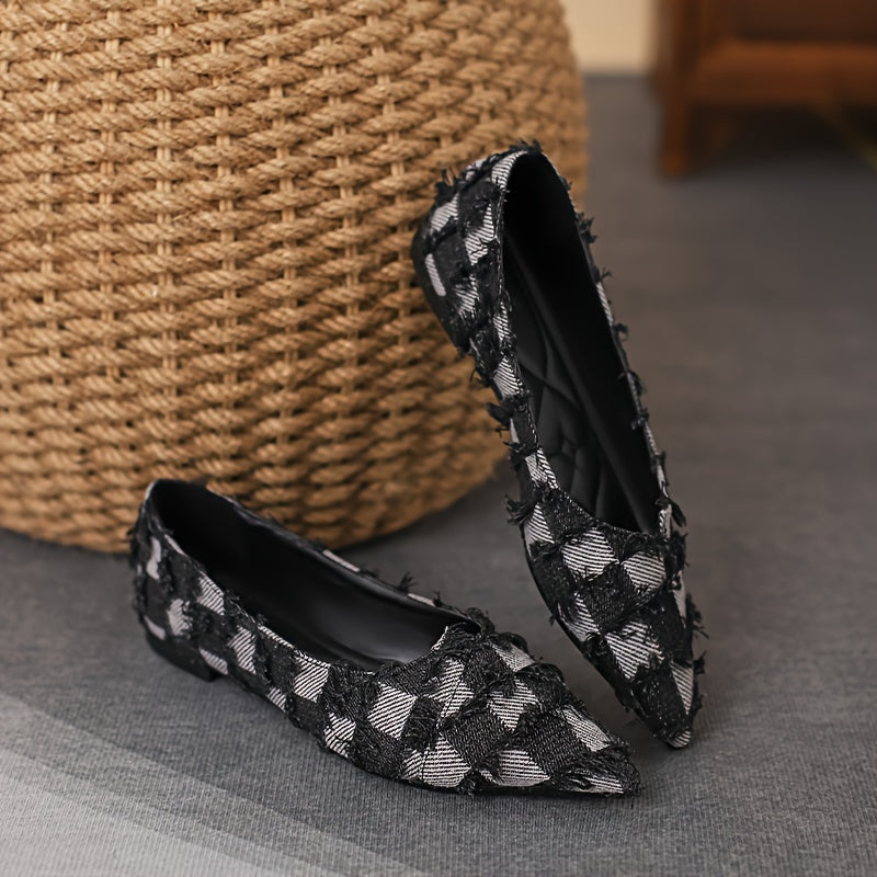 Plaid Pattern Denim Flats with Tassel Detail