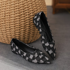 Plaid Pattern Denim Flats with Tassel Detail