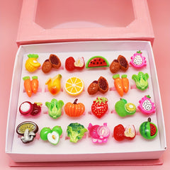 24pcs Pink Vegetable Series Adjustable Rings Box Girls Birthday