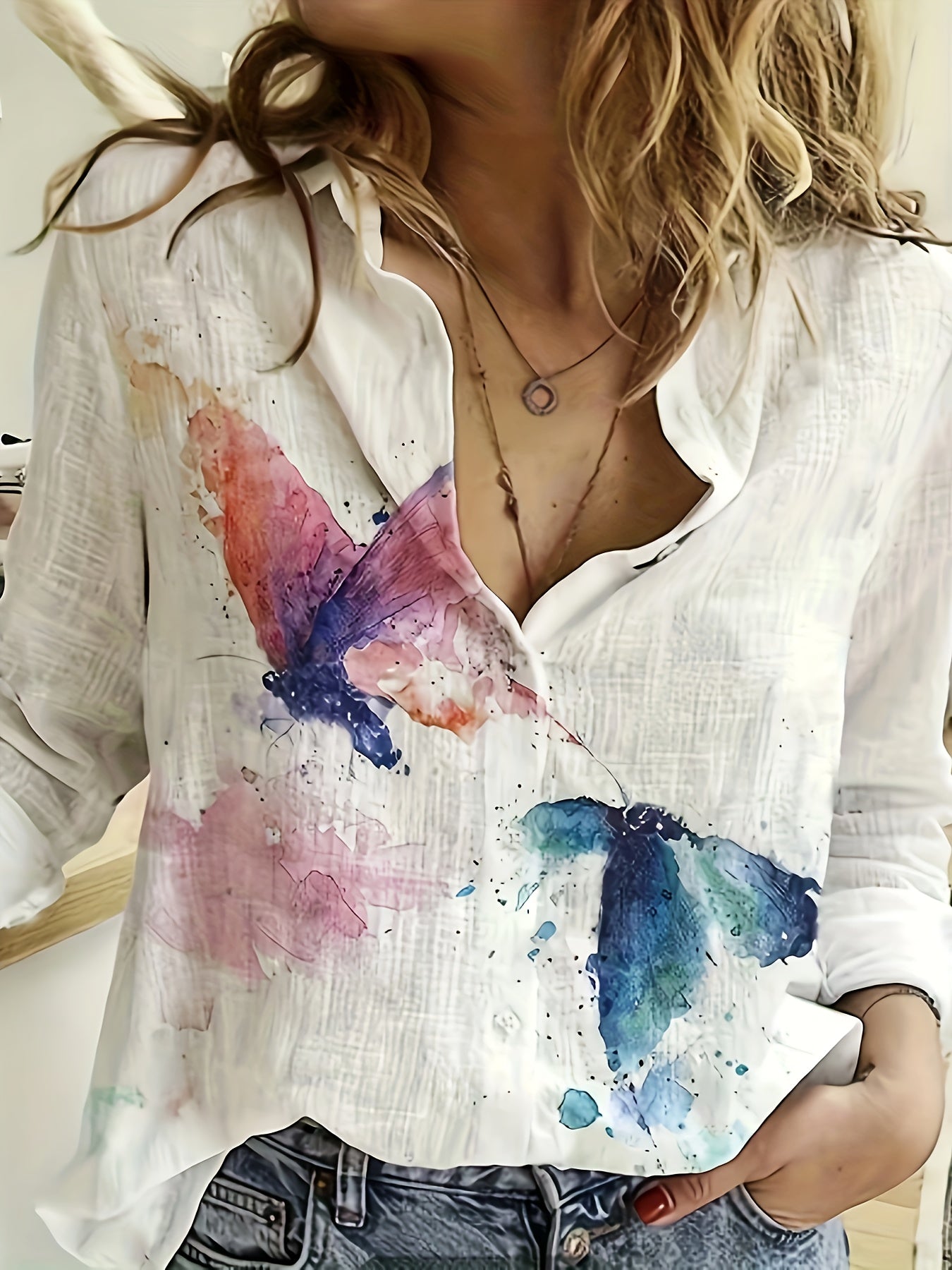 Tie Dye Butterfly Print Long Sleeve Blouse