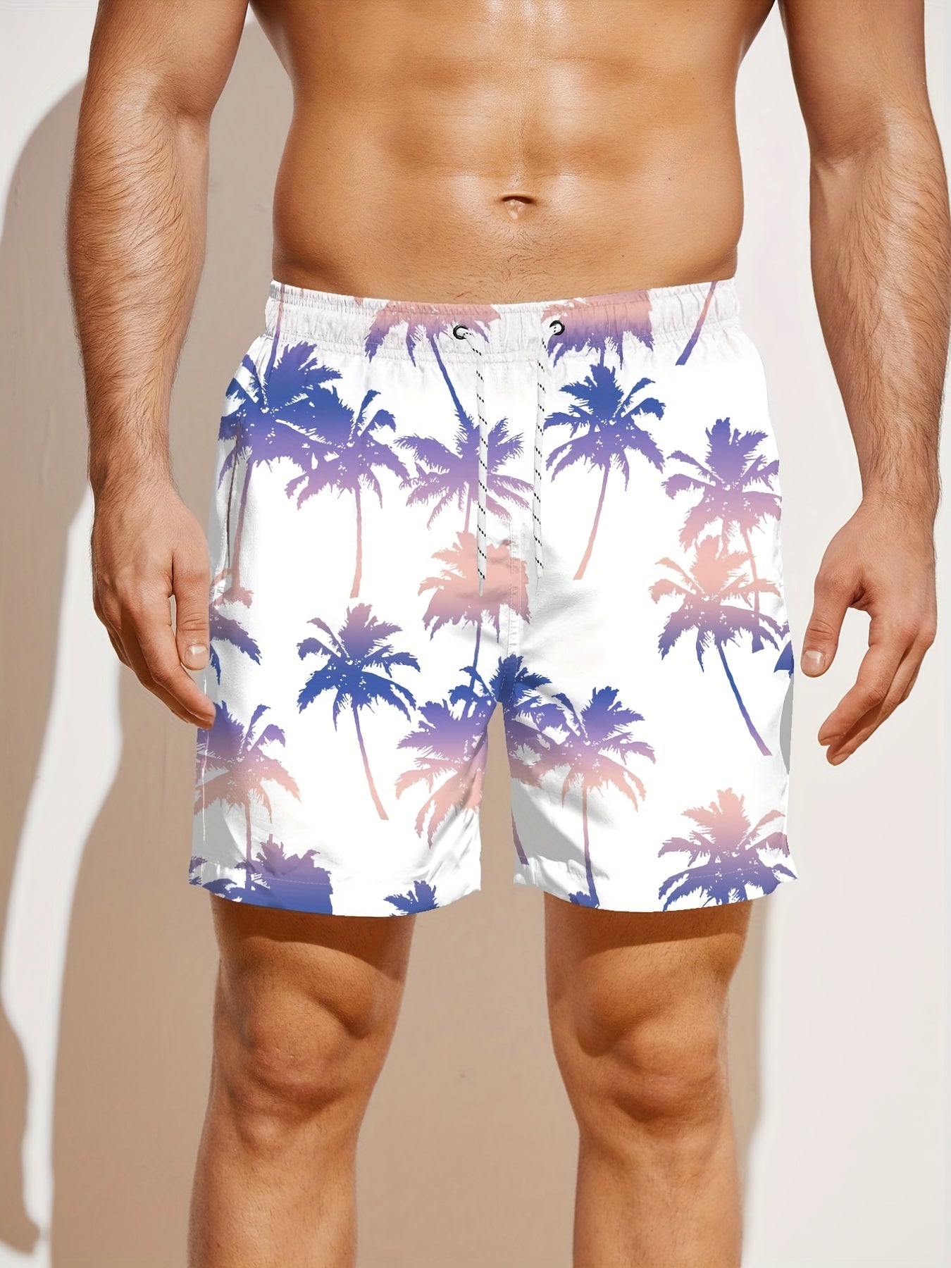 Palm Tree Print Men's Beach Shorts Drawstring Casual Loose Shorts