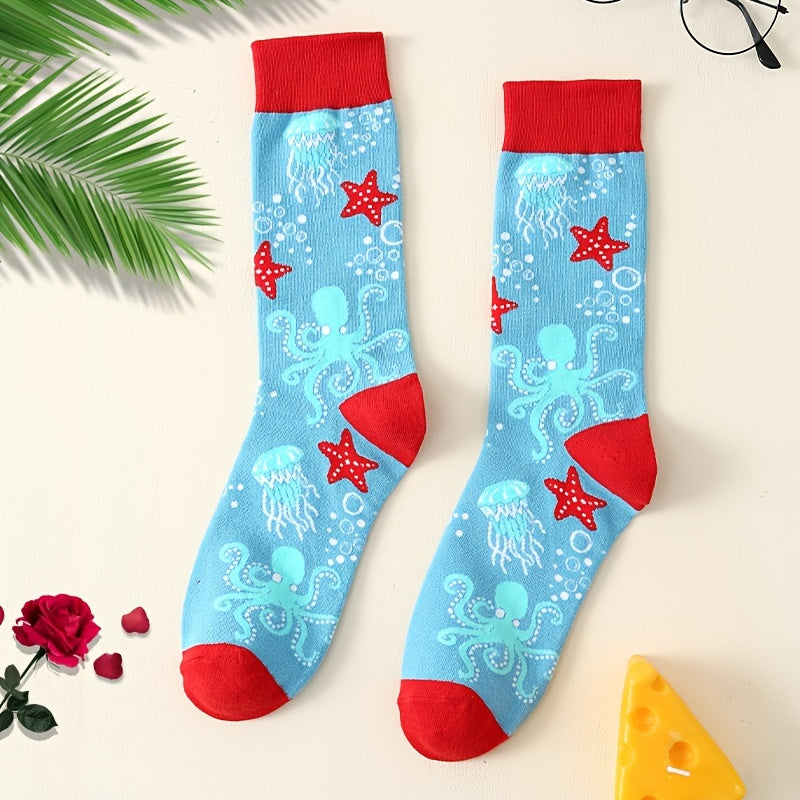 Men's Octopus Cartoon Pattern Crew Socks, Breathable Comfy Casual Unisex Socks