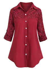 Casual Blouse Women's Contrast Lace Button Up Roll Up Sleeves