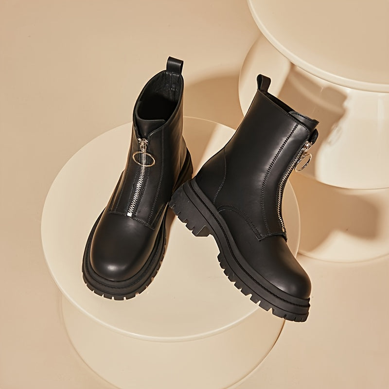 DAPHNE PU Leather Zipper Combat Boots Thick Soled Platform