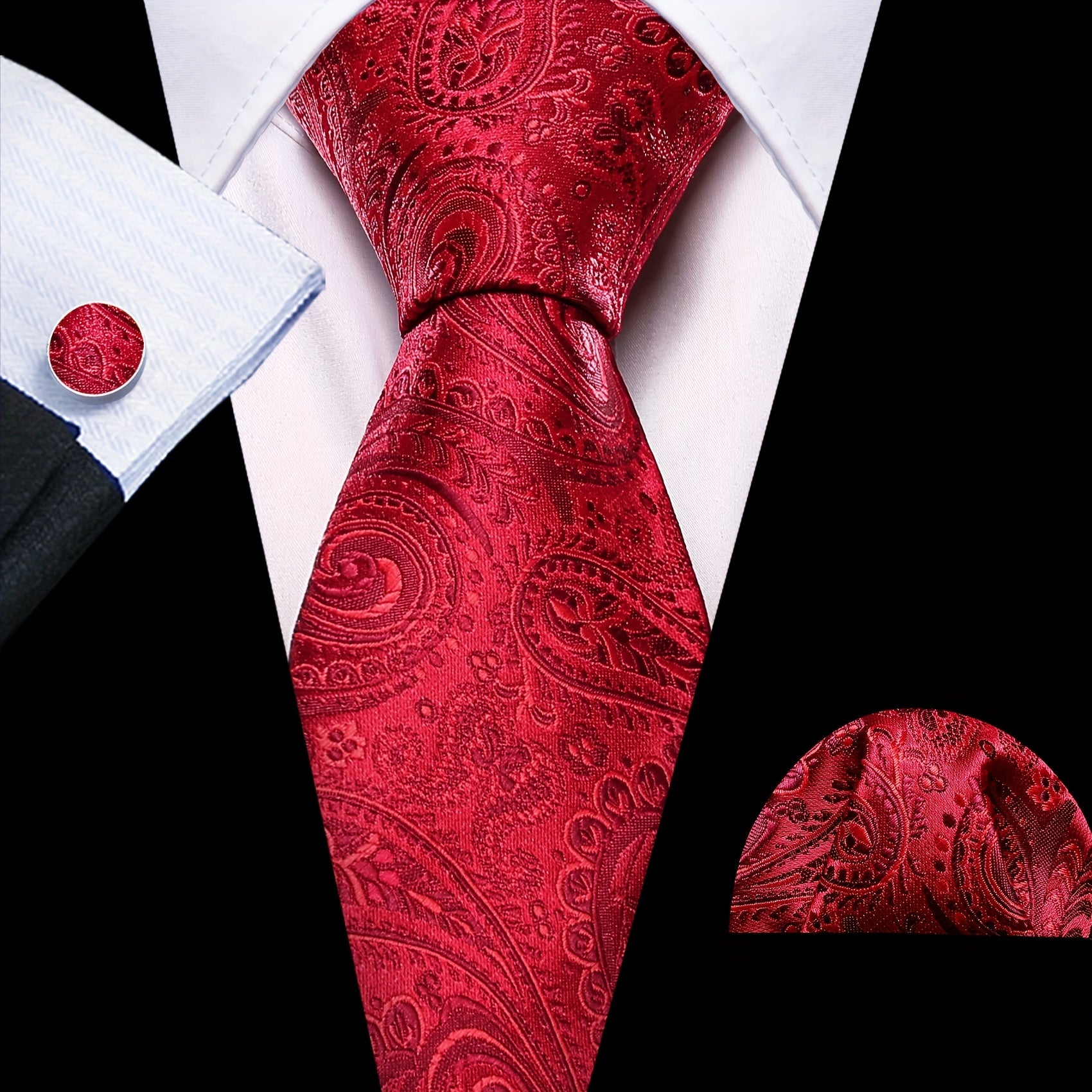 Barry Wang Men's Silk Ties Jacquard Red Paisley Floral Necktie Set