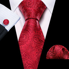 Barry Wang Men's Silk Ties Jacquard Red Paisley Floral Necktie Set