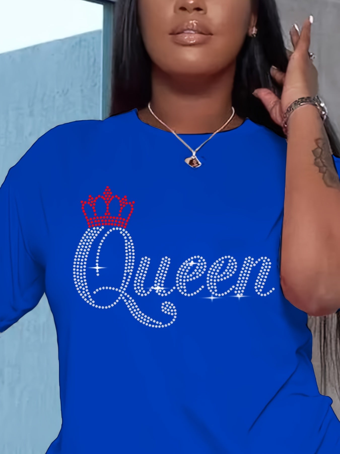 Queen Letter Print 2 Piece Set Crew Neck T shirt & Yoga Shorts