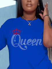 Queen Letter Print 2 Piece Set Crew Neck T shirt & Yoga Shorts