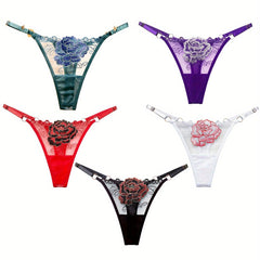 5pcs Floral Embroidery Thongs Semi Sheer Mesh Panties Women's Lingerie