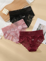 3 Pcs Lace Briefs Sexy Sheer Panties Women's Underwear