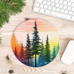 Rainbow Pine Trees Round Mouse Mat Non Slip Rubber Base Mousepad Small Size