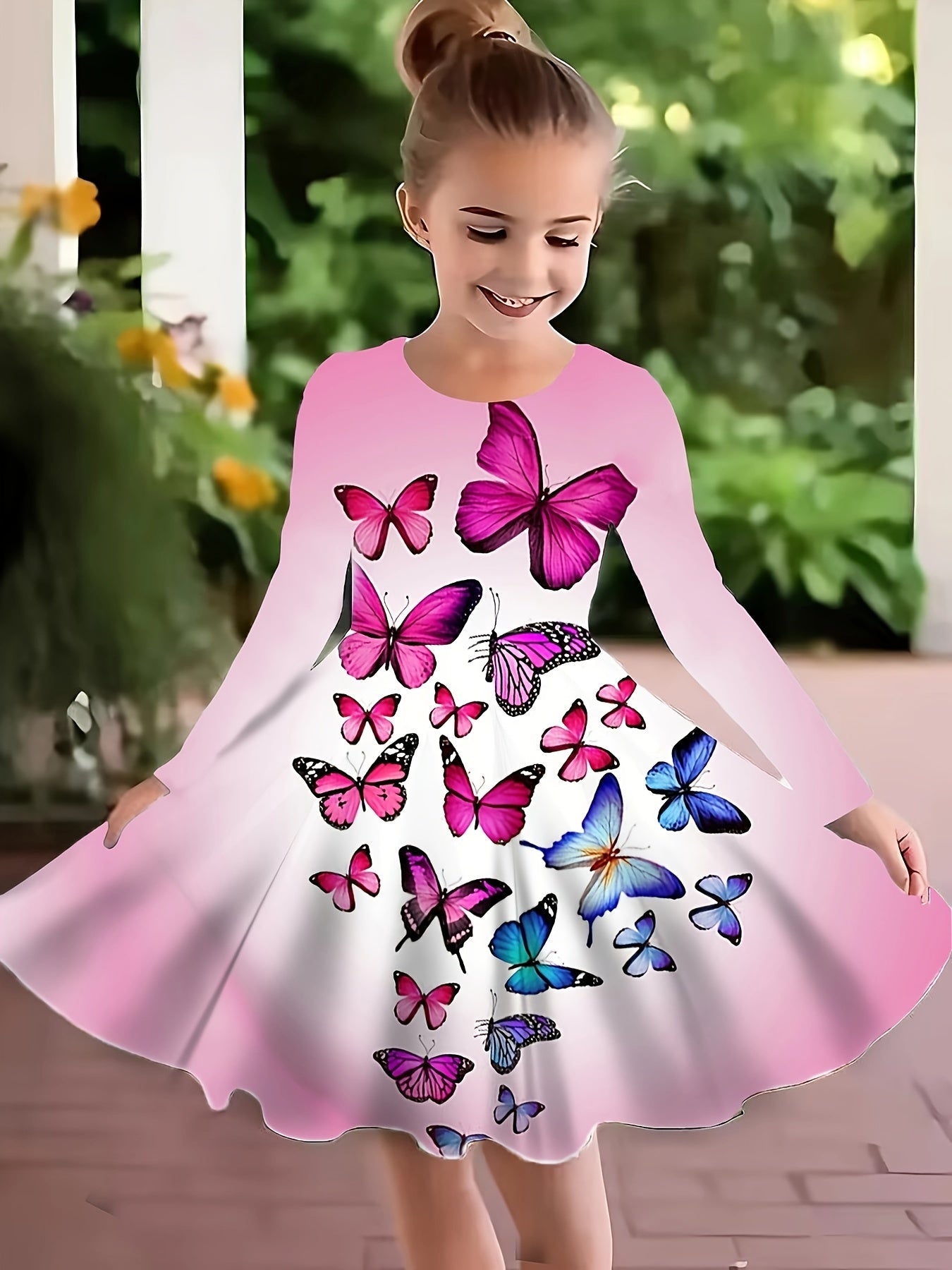 Dreamy Butterfly Graphic Crew Neck Long Sleeve Dress