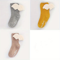 3 Pairs Girls Wing Non-slip Socks, Breathable Soft Socks