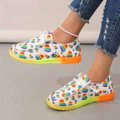 Women's Rainbow Heart Print Canvas Shoes Casual Lace Up Outdoor Shoes