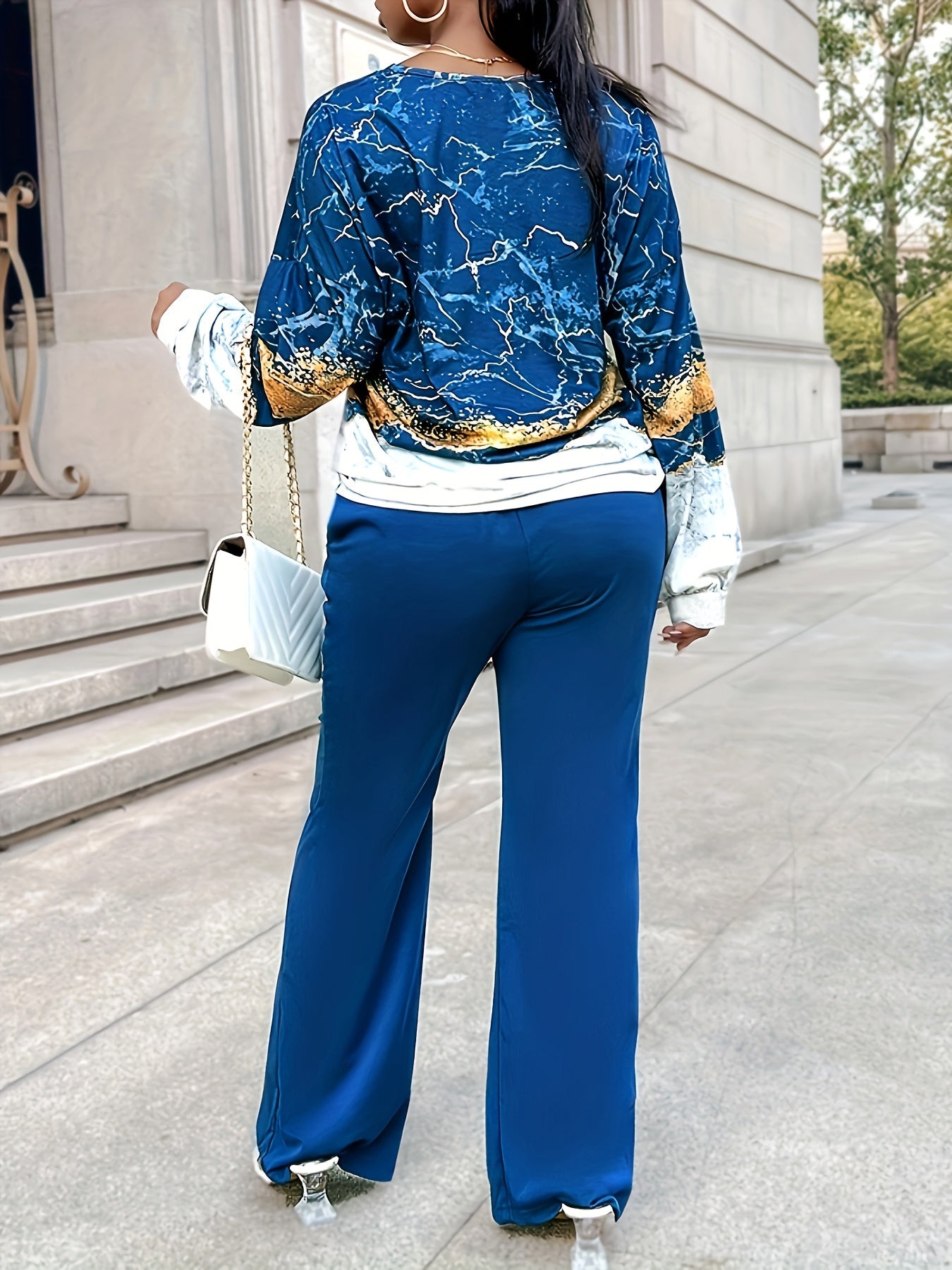 Plus Glitter Marble Print Top & High Rise Pants Outfits 2 Piece Set