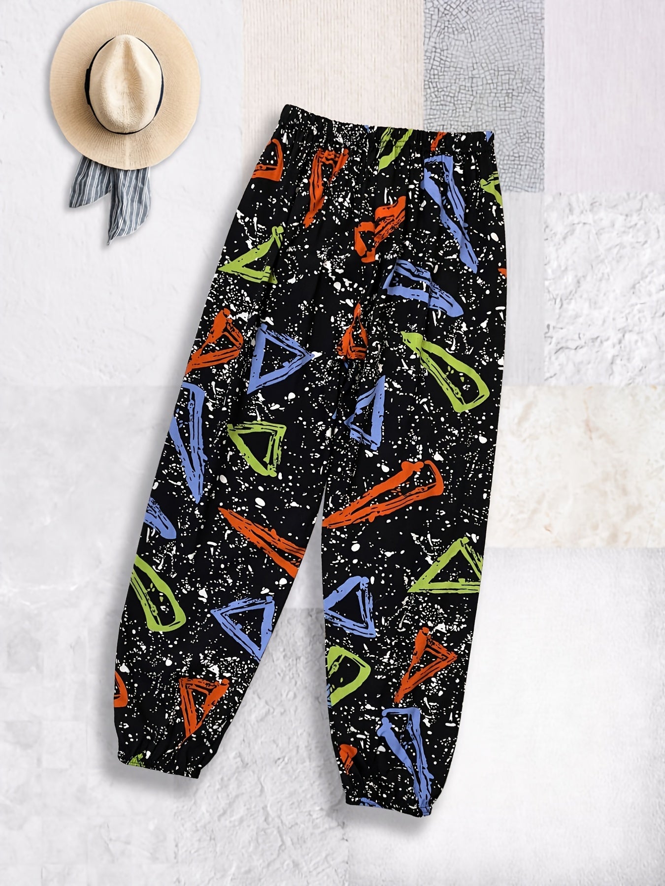 Boys Geometry Graffiti Print Sweatpants Elastic Waist Thin Casual Pants