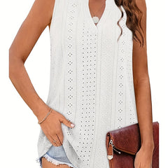 Eyelet Embroidered Tank Top Notched Neck Medium