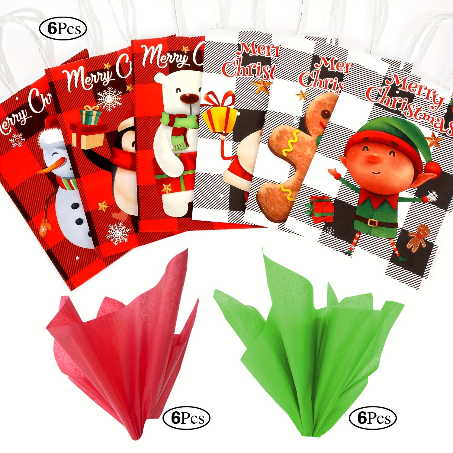 6pc Christmas Gift Bag Set with 12pcs Large Wrapping Papers in Red & Green